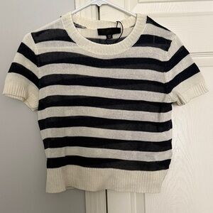 ZARA Striped Navy and Cream Short Sleeve Sweater